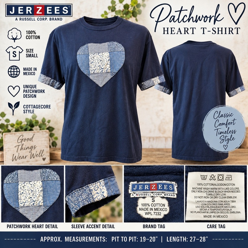 Jerzees Russell Corp Navy Blue Patchwork Heart T-Shirt Small Cottagecore Cotton